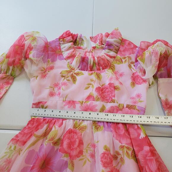 VINTAGE Floral Chiffon Maxi Dress Womens Small Pink Ruffle Neck Puff Sleeve 70s - Picture 6 of 11